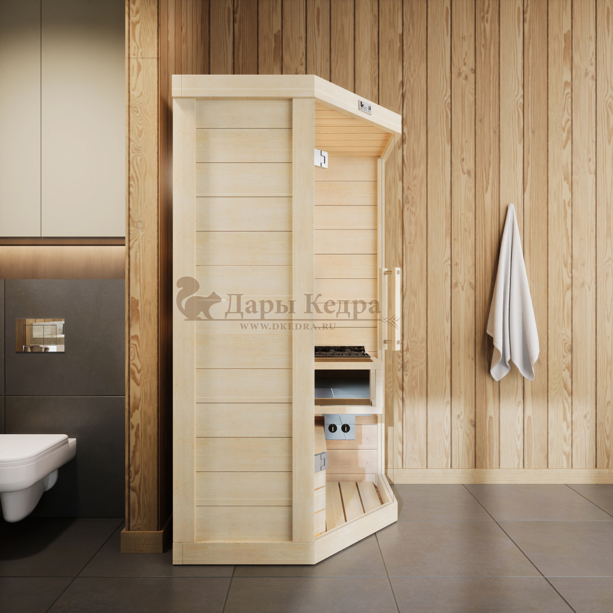 Одноместная угловая финская «Элит» сауна кабина из кедра и липы с электрокаменкой